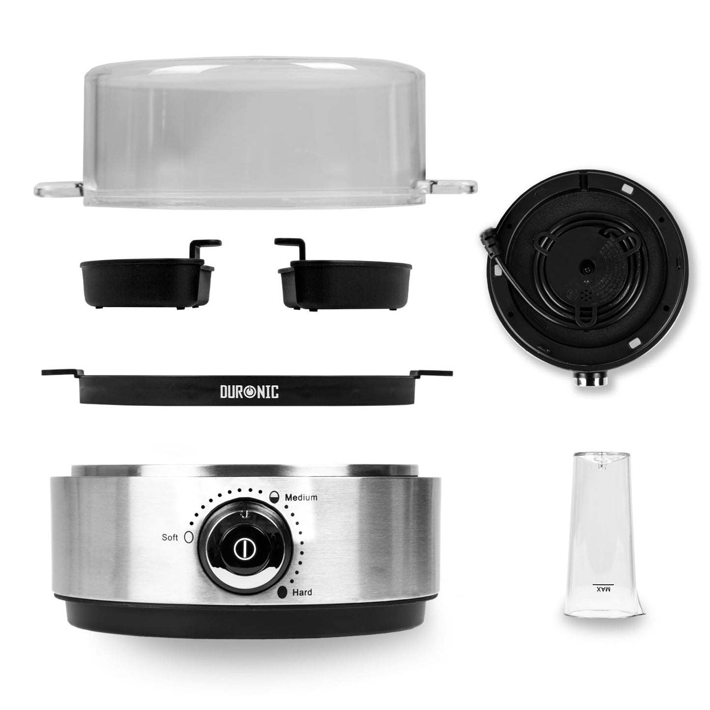 Duronic EB40 BK Hervidor de huevos | Potencia 400W | 7 huevos | Cocción con termostato | Huevos duros, huevos mollet, huevos pasados por agua | Apagado automático | Accesorio para escalfar