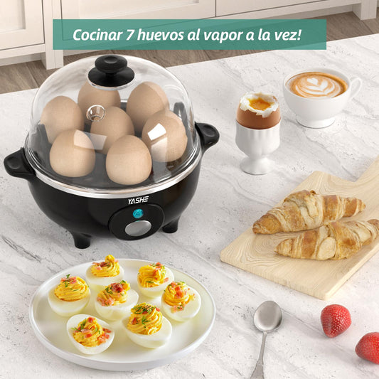 YASHE Cocedor de Huevos, Cocedor Huevos de 360 W, 7 huevos fáciles de pelar, huevos blandos, medianos, duros, pochados, fabricante de tortillas, vaporera, zumbador, luz indicadora, libre de BPA