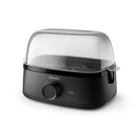 Philips Cuece huevos Serie 3000, Tamaño familiar hasta 6 huevos (blandos, medios, duros, escalfados), Fácil de limpiar, Bandeja para escalfar y perforador de huevos, 400 W, Diseño compacto (HD9137/90)