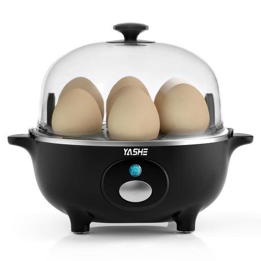 YASHE Cocedor de Huevos, Cocedor Huevos de 360 W, 7 huevos fáciles de pelar, huevos blandos, medianos, duros, pochados, fabricante de tortillas, vaporera, zumbador, luz indicadora, libre de BPA