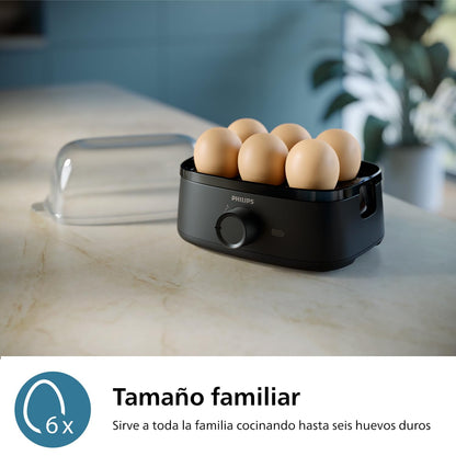 Philips Cuece huevos Serie 3000, Tamaño familiar hasta 6 huevos (blandos, medios, duros, escalfados), Fácil de limpiar, Bandeja para escalfar y perforador de huevos, 400 W, Diseño compacto (HD9137/90)