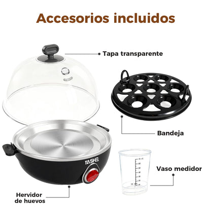 YASHE Cocedor de huevos, 7 huevos duros, a la plancha y pasados por agua, Incluye vaso medidor, bandeja y tapa libres de BPA, Apagado automático, Apagado automático