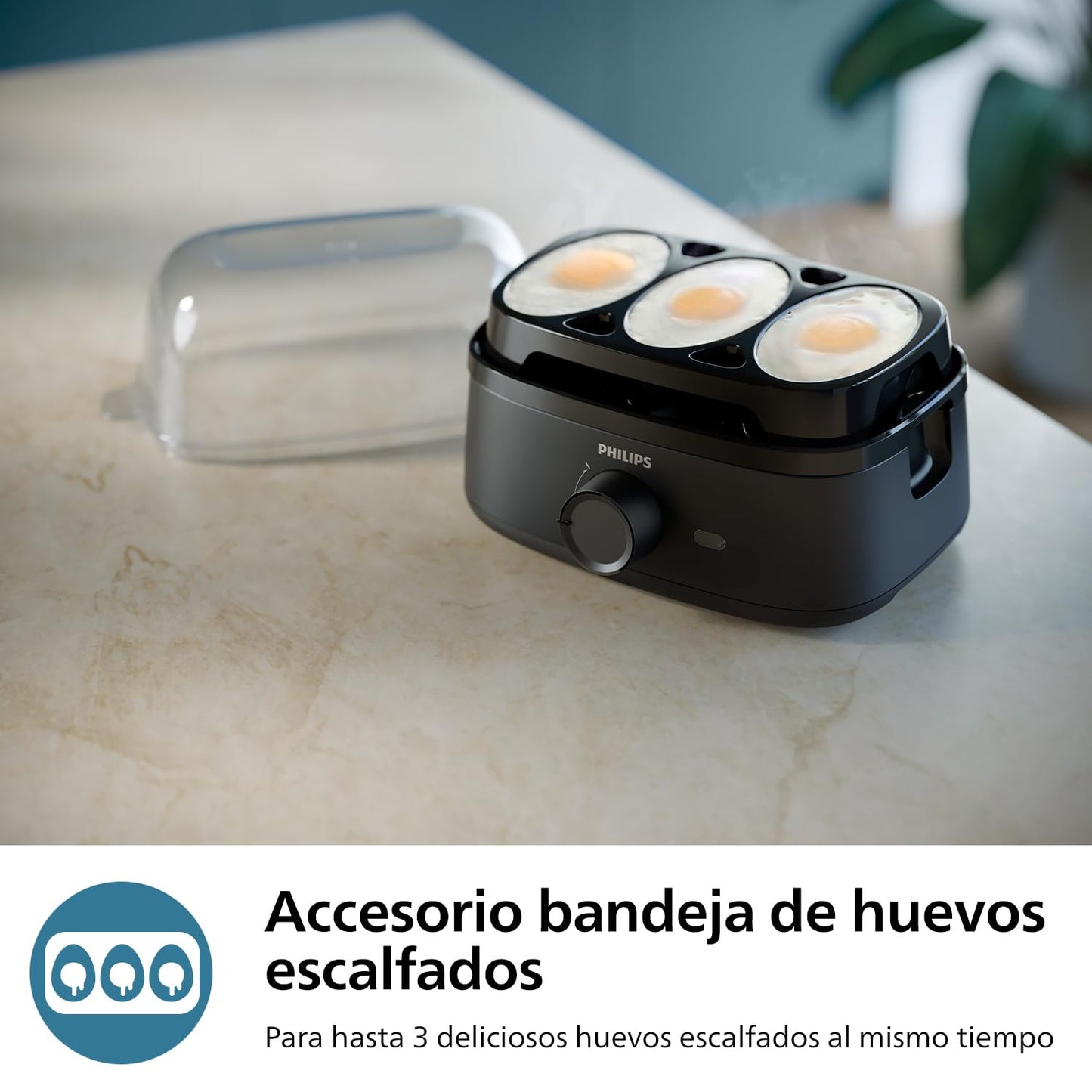 Philips Cuece huevos Serie 3000, Tamaño familiar hasta 6 huevos (blandos, medios, duros, escalfados), Fácil de limpiar, Bandeja para escalfar y perforador de huevos, 400 W, Diseño compacto (HD9137/90)