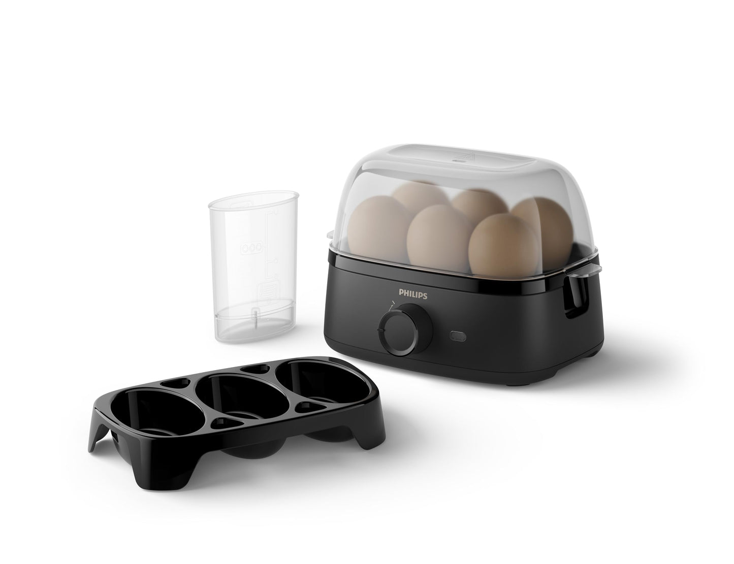 Philips Cuece huevos Serie 3000, Tamaño familiar hasta 6 huevos (blandos, medios, duros, escalfados), Fácil de limpiar, Bandeja para escalfar y perforador de huevos, 400 W, Diseño compacto (HD9137/90)