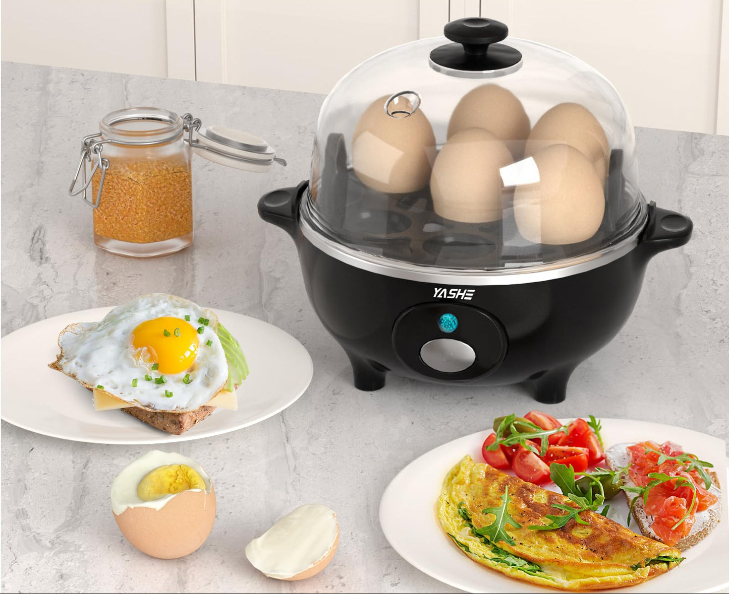 YASHE Cocedor de Huevos, Cocedor Huevos de 360 W, 7 huevos fáciles de pelar, huevos blandos, medianos, duros, pochados, fabricante de tortillas, vaporera, zumbador, luz indicadora, libre de BPA
