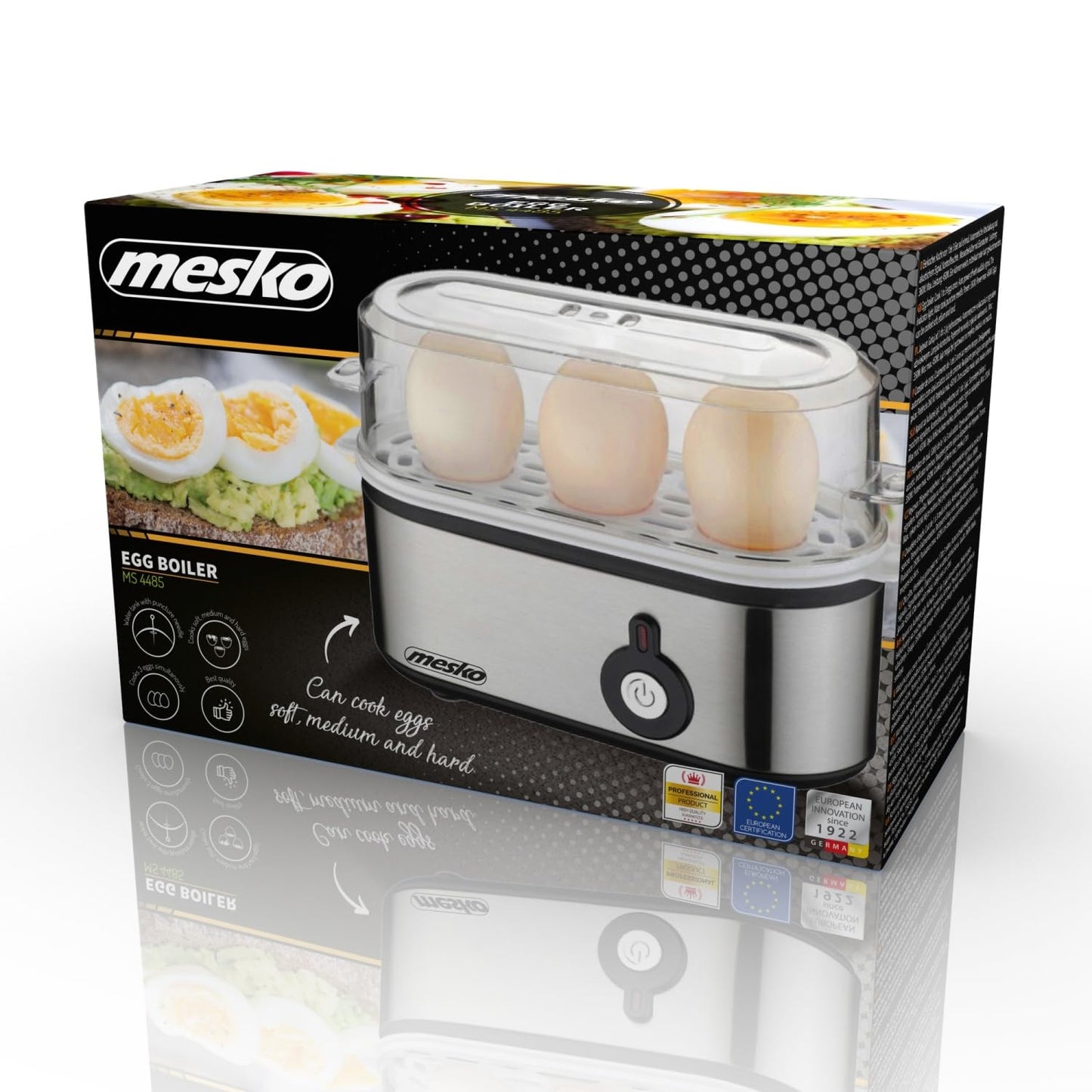 MESKO MS-4485 Cuece Huevos Eléctrico para 3 Huevos, Acero Inoxidable, Protección por Sobre Calentamiento, 350W, Libre de BPA