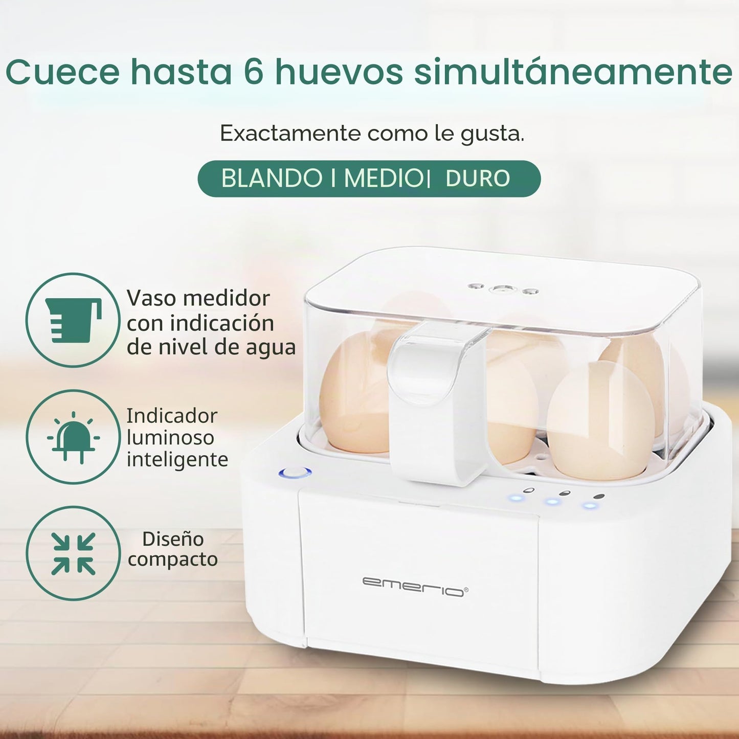Emerio El mejor hervidor de huevos EB-115560 cocina los tres niveles de cocción [suave|medio|duro] en un solo proceso de cocción con un resultado perfecto y salida de voz, único en tecnología y