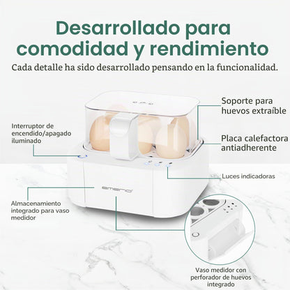 Emerio El mejor hervidor de huevos EB-115560 cocina los tres niveles de cocción [suave|medio|duro] en un solo proceso de cocción con un resultado perfecto y salida de voz, único en tecnología y