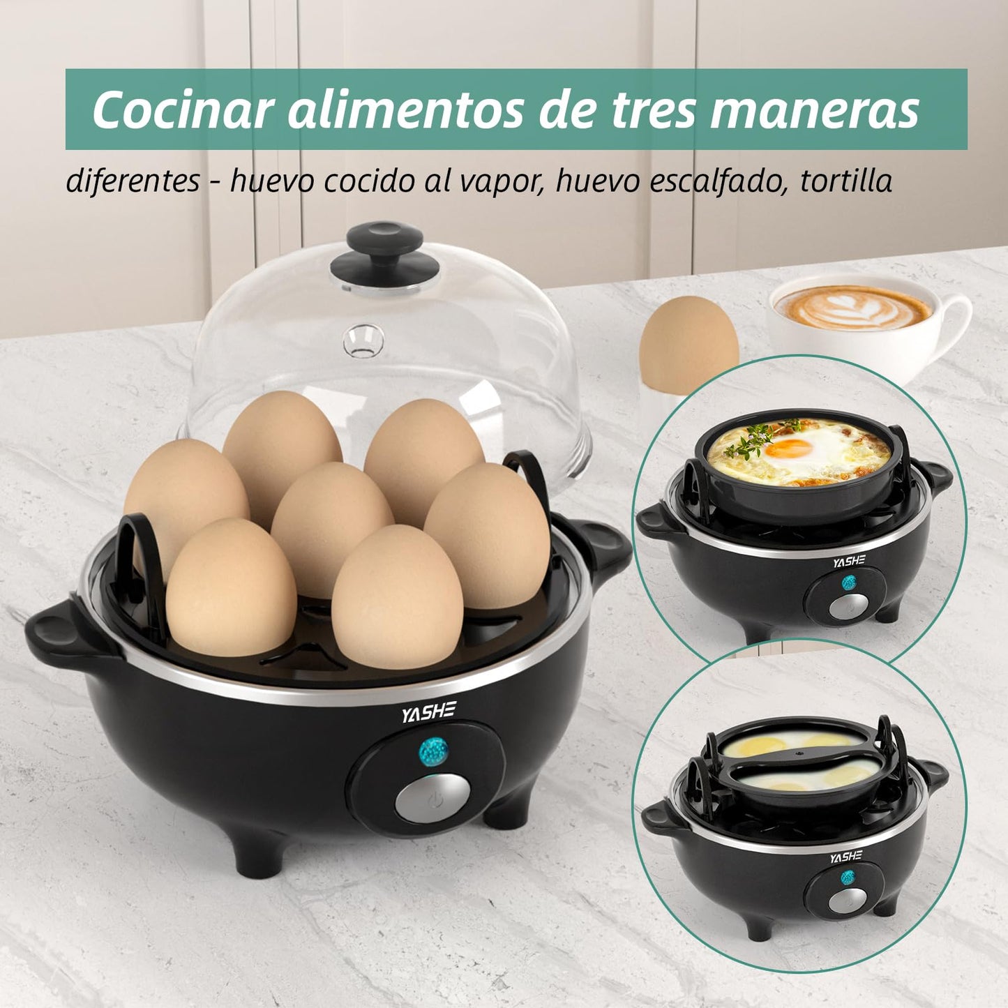 YASHE Cocedor de Huevos, Cocedor Huevos de 360 W, 7 huevos fáciles de pelar, huevos blandos, medianos, duros, pochados, fabricante de tortillas, vaporera, zumbador, luz indicadora, libre de BPA