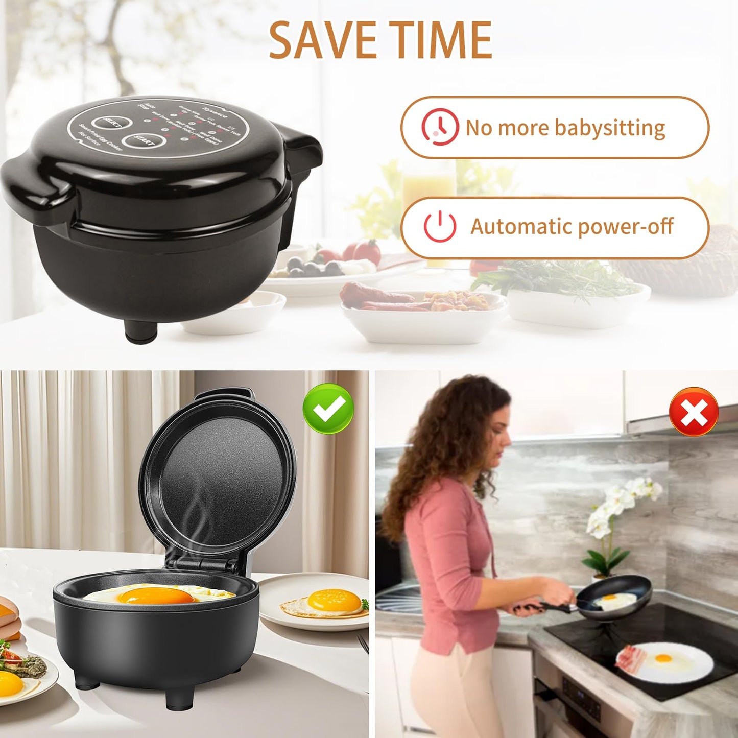 Hyvance Smart Cocina de Huevos Fritos, Cocinado a Baja Temperatura, Haz huevos fritos tipo Sunny side up, Over easy, etc. Se detiene automáticamente con alerta de sonido cuando está listo