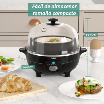 YASHE Cocedor de Huevos, Cocedor Huevos de 360 W, 7 huevos fáciles de pelar, huevos blandos, medianos, duros, pochados, fabricante de tortillas, vaporera, zumbador, luz indicadora, libre de BPA