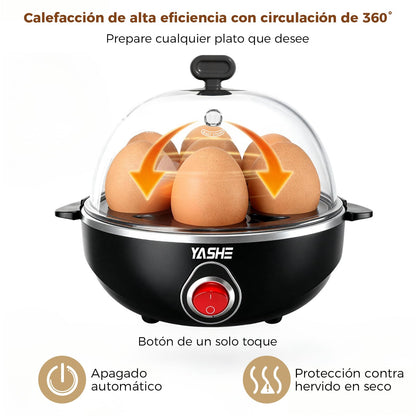YASHE Cocedor de huevos, 7 huevos duros, a la plancha y pasados por agua, Incluye vaso medidor, bandeja y tapa libres de BPA, Apagado automático, Apagado automático