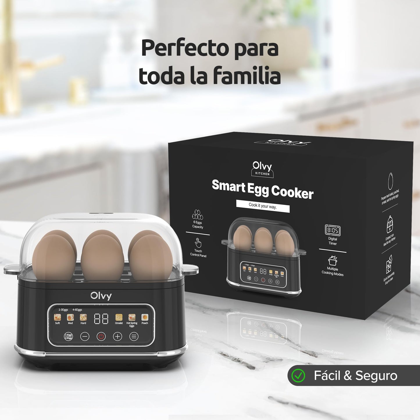 Olvy Hervidor de Huevos Eléctrico 6-en-1 con Temporizador LCD - Cocedor y Cuece Huevos Eléctrico con Apagado Automático y Vaso Medidor - Hervidor de Huevos y Hervidero de Huevos Multifuncional