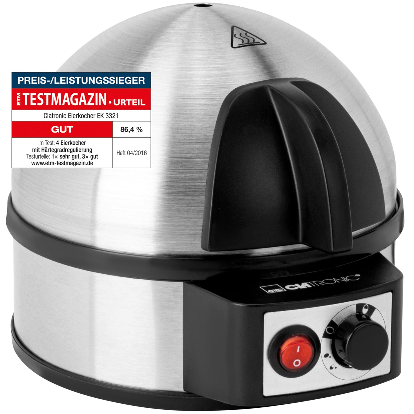Hervidor de huevos eléctrico Clatronic para hasta 7 huevos | acero inoxidable con ajuste de ebullición fuerte | interruptor de encendido/apagado iluminado | 400 vatios | acero inoxidable | EK 3321