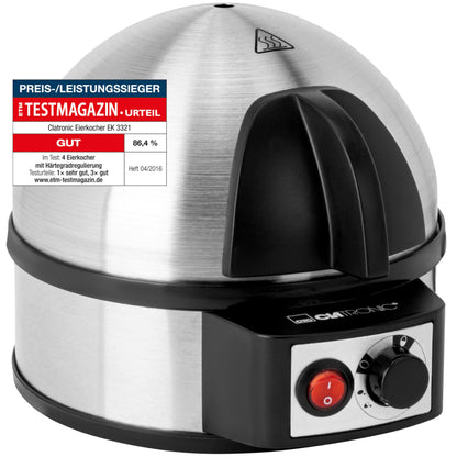 Hervidor de huevos eléctrico Clatronic para hasta 7 huevos | acero inoxidable con ajuste de ebullición fuerte | interruptor de encendido/apagado iluminado | 400 vatios | acero inoxidable | EK 3321