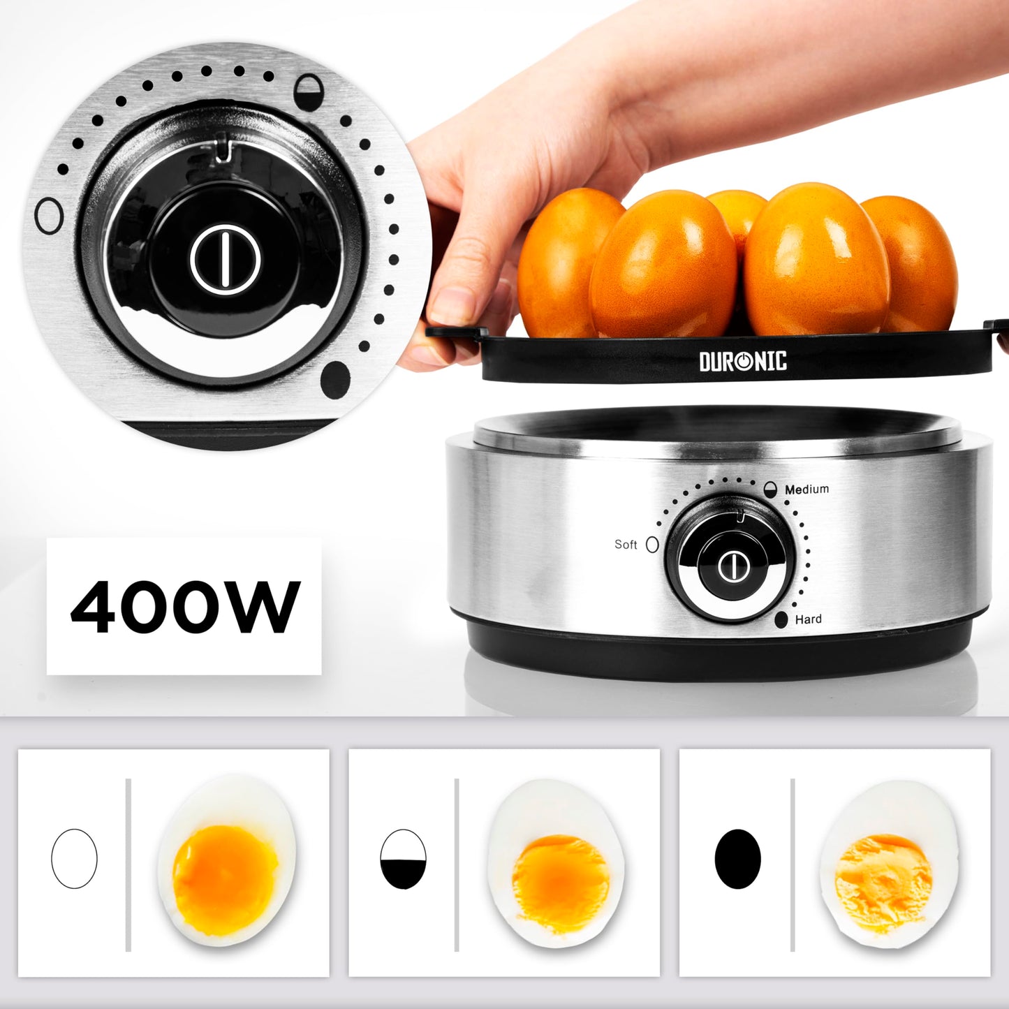 Duronic EB40 BK Hervidor de huevos | Potencia 400W | 7 huevos | Cocción con termostato | Huevos duros, huevos mollet, huevos pasados por agua | Apagado automático | Accesorio para escalfar