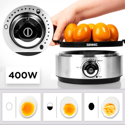 Duronic EB40 BK Hervidor de huevos | Potencia 400W | 7 huevos | Cocción con termostato | Huevos duros, huevos mollet, huevos pasados por agua | Apagado automático | Accesorio para escalfar