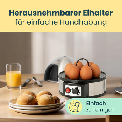 Hervidor de huevos eléctrico Clatronic para hasta 7 huevos | acero inoxidable con ajuste de ebullición fuerte | interruptor de encendido/apagado iluminado | 400 vatios | acero inoxidable | EK 3321