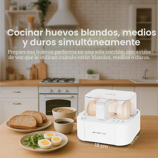 Emerio El mejor hervidor de huevos EB-115560 cocina los tres niveles de cocción [suave|medio|duro] en un solo proceso de cocción con un resultado perfecto y salida de voz, único en tecnología y