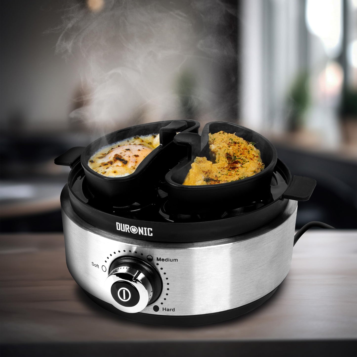 Duronic EB40 BK Hervidor de huevos | Potencia 400W | 7 huevos | Cocción con termostato | Huevos duros, huevos mollet, huevos pasados por agua | Apagado automático | Accesorio para escalfar