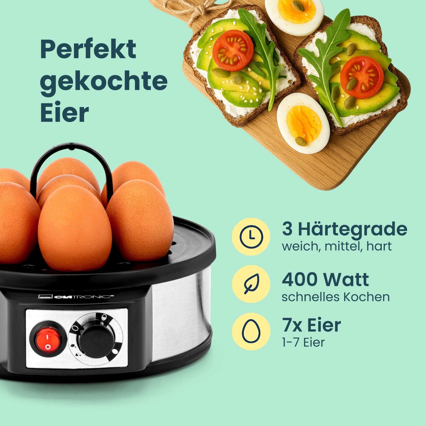 Hervidor de huevos eléctrico Clatronic para hasta 7 huevos | acero inoxidable con ajuste de ebullición fuerte | interruptor de encendido/apagado iluminado | 400 vatios | acero inoxidable | EK 3321